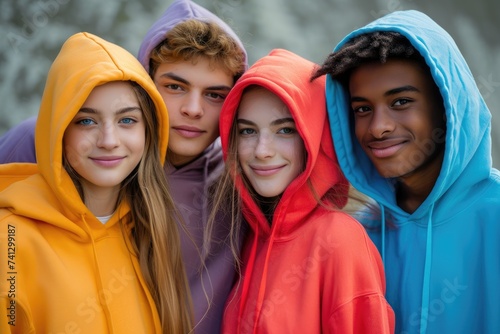 Four pals wearing coordinated hoodies. Generative Ai. © Planum