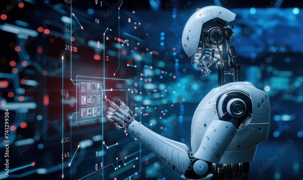 Advanced humanoid robot interacting with a futuristic digital interface Advanced humanoid robot interacting with a futuristic digital interface