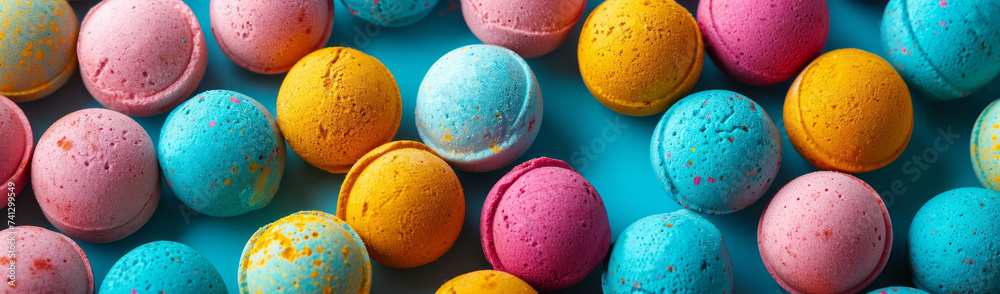 Bath bombs banner, vibrant orange and pink mini collection on blue background, concept of aromatherapy and wellness, for natural handmade cosmetics stores Bath bombs banner, vibrant orange and pink mini collection on blue background, concept of aromatherapy and wellness, for natural handmade cosmetics stores