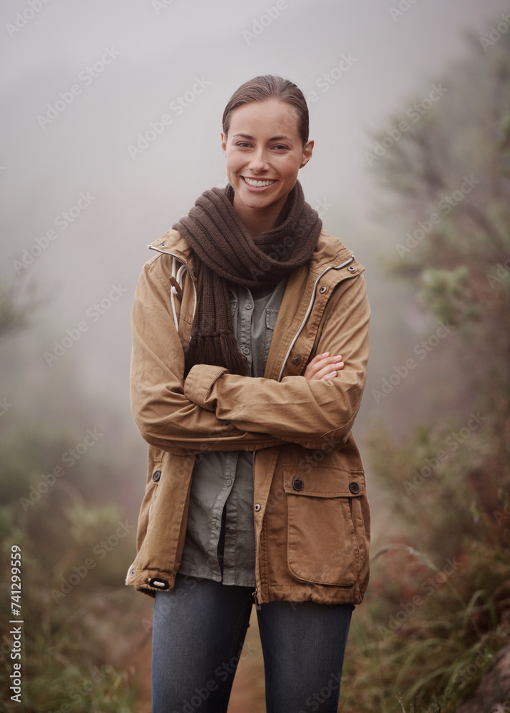 Hiking, portrait and happy woman with arms crossed in nature for travel, wellness or walk outdoor in winter. Face, pride hiker in a forest for fresh air, camping or adventure, journey or campsite fun Hiking, portrait and happy woman with arms crossed in nature for travel, wellness or walk outdoor in winter. Face, pride hiker in a forest for fresh air, camping or adventure, journey or campsite fun