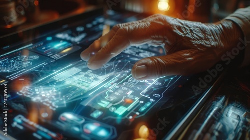 Man hand is using a futuristic latest innovative technology glass tablet with augmented reality holograms as a remote control of smart home appliances at home or office
