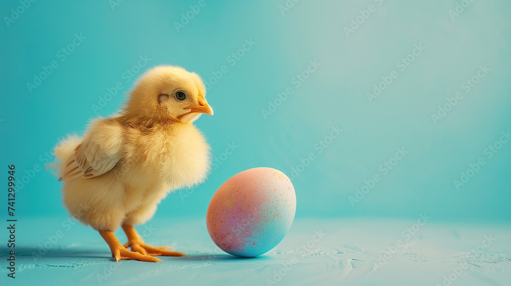 Minimal Easter compositon. Little chicken and easter egg on a light turquoise background.  Easter greeting card