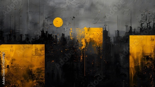 Abstract Cityscape Art: Golden Moonlit Urban Silhouette with Textured Paint