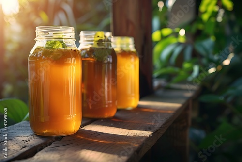 Wholesome images of homemade kombucha in glass jars. © George Designpro