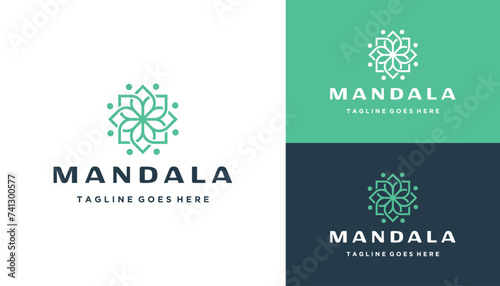 Natural Beauty Mandala Flower with Line Art Green Foliage Flower Pattern For Fresh Organic Vegetable Logo Design