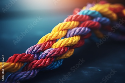 A rope adorned with diverse bold colors, symbolizing unity and diversity.