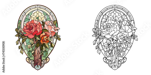 Stained Glass Wedding Bouquet with Presents Coloring Page Vector Art