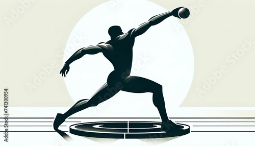 Stylized illustration of a male athlete in a shot put throwing stance, showcasing power and movement against a minimalist background with a large circle.Sport concept.AI generated. photo