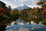A minimalist composition featuring Mount Fuji reflected in the still waters of a traditional Japanese garden pond, surrounded by vibrant foliage, Japanese minimalistic style, portr