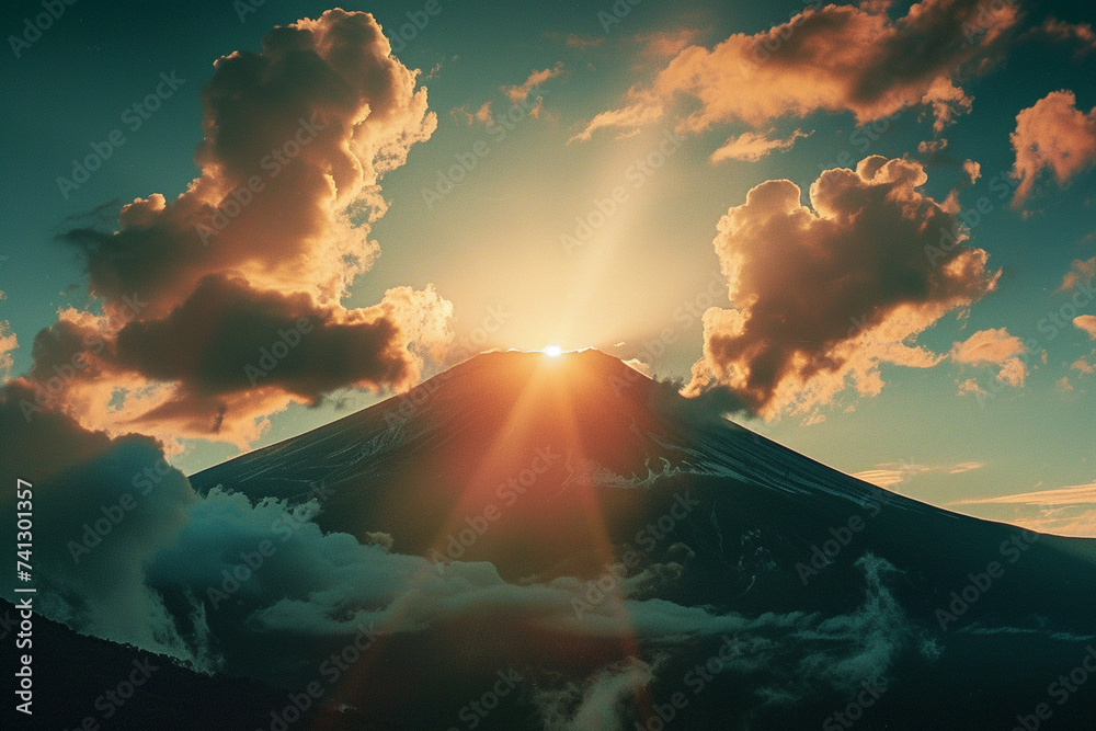 Close-up of Mount Fuji silhouetted against a fiery sunrise sky, with the sun's rays casting a warm glow over the landscape in the Japanese minimalistic style, portra 400 film style