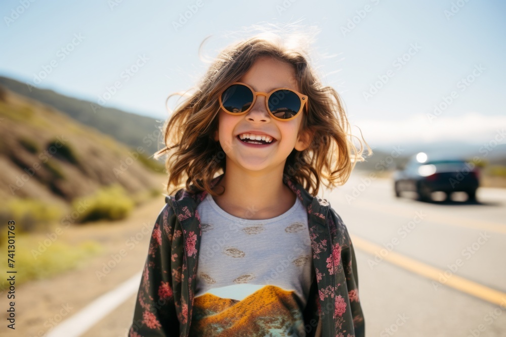 Portrait of a smiling little girl in sunglasses standing on the road Portrait of a smiling little girl in sunglasses standing on the road
