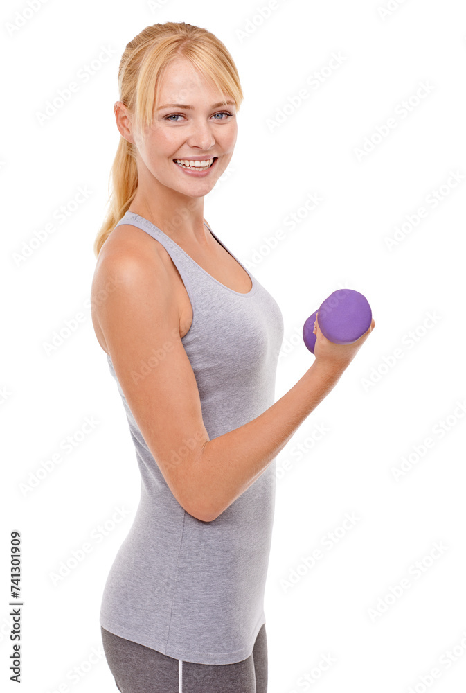 Fitness, smile and woman with dumbbell weight in studio for health, wellness and body workout or training. Strength, sports and portrait of female athlete with arm exercise by white background. Fitness, smile and woman with dumbbell weight in studio for health, wellness and body workout or training. Strength, sports and portrait of female athlete with arm exercise by white background.