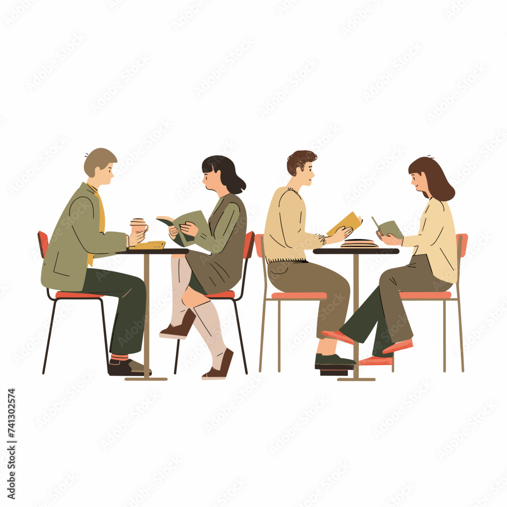 Fototapeta premium Students or book readers. People reading books, cafe flat vector graphic