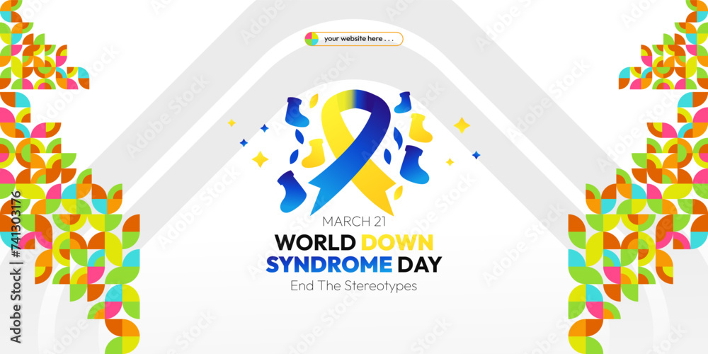 Fototapeta premium World Down Syndrome Day banner in modern geometric style. Banners Down Syndrome Day for social media and more with typography. Vector illustration for banners, posters, invitations, greetings and more