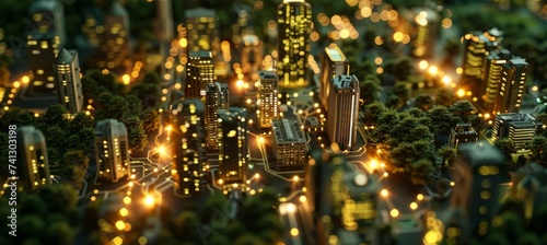 lighted electrical circuit board showing trees and cities #741303198