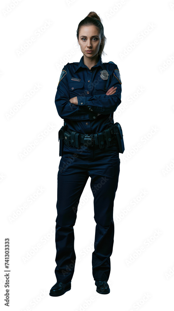 Isolated on white Background, transparent: Confident and Strong Female Police Officer in Full Uniform Standing Proudly