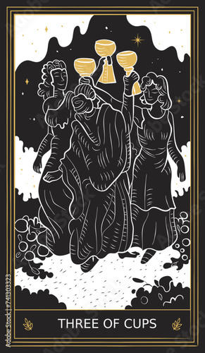 Three of Cups Tarot Card Minor Arcana in Vector Illustration