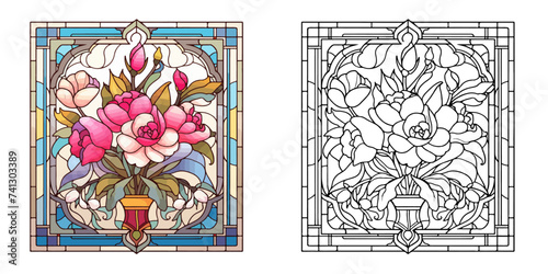 Stained Glass Wedding Bouquet with Presents Coloring Page Vector Art