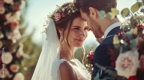 Romantic wedding moment: bride and groom posing for a photo