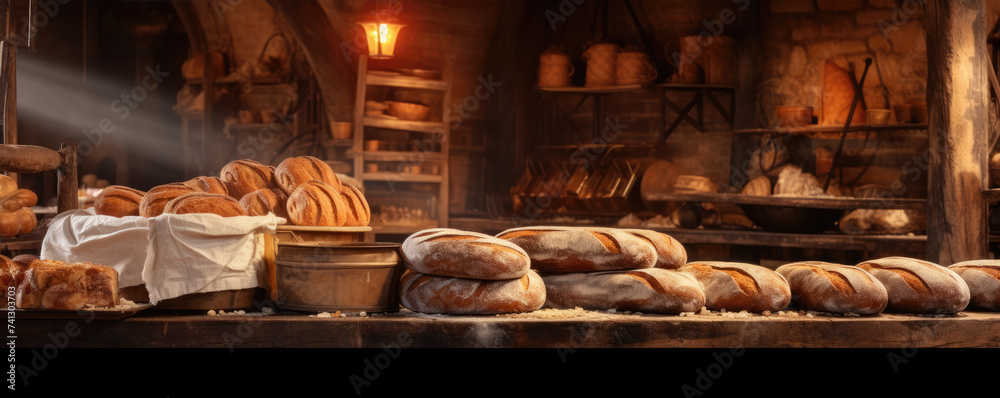 Traditional bakery shop with assortment of bread. banner - obrazy, fototapety, plakaty 