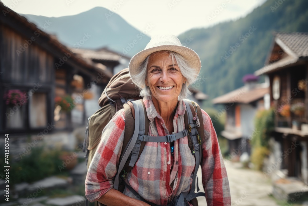 Portrait of happy senior woman with backpack on the background of mountains