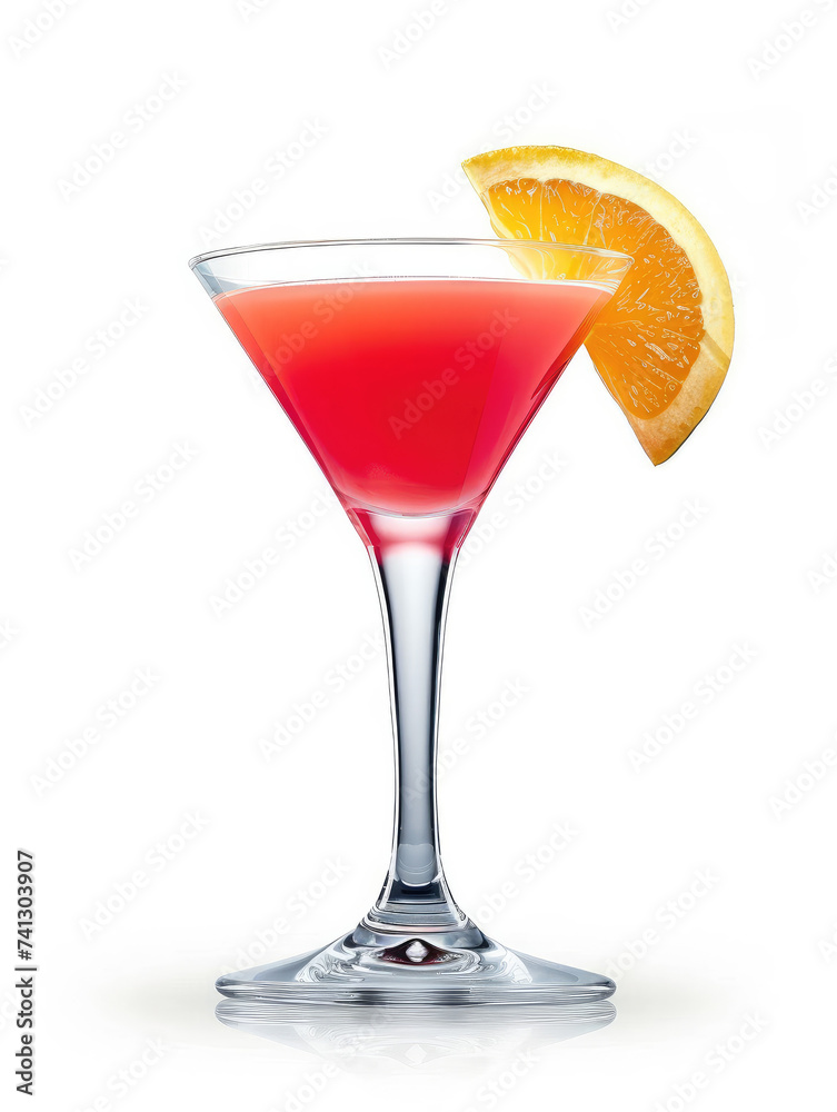 Pink cosmopolitan cocktail with orange slice isolated on a white background Pink cosmopolitan cocktail with orange slice isolated on a white background