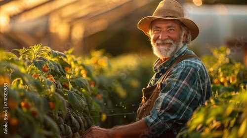 Farmer senior man working in his farm and greenhouse