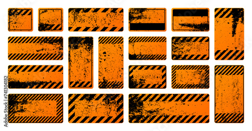 Orange grunge warning signs with diagonal lines. Old attention, danger or caution sign, construction site signage. Realistic notice signboard, warning banner, road shield. Vector illustration © 32 pixels