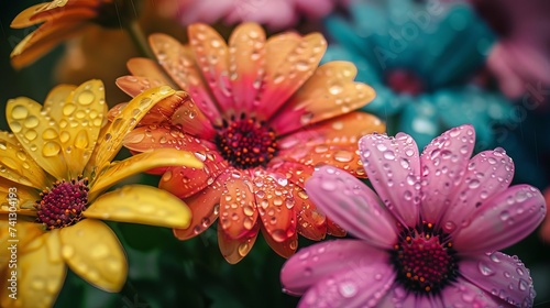 Detailed view of a cluster of vividly colored flowers featuring water drops