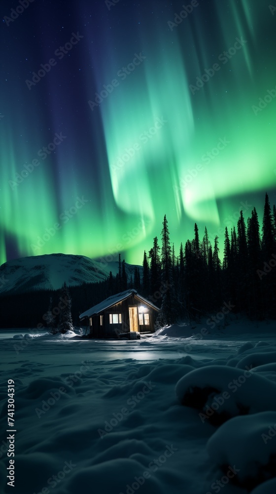 A house against the background of the natural phenomenon of the Northern lights in the north in winter
