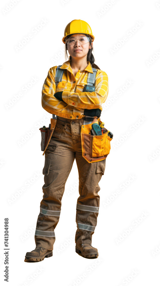 Isolated on white Background, transparent: Empowered Female Construction Worker in Vibrant Mockup Isolated on white Background, transparent: Empowered Female Construction Worker in Vibrant Mockup
