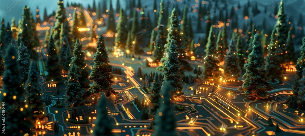 Obraz premium lighted electrical circuit board showing trees and cities