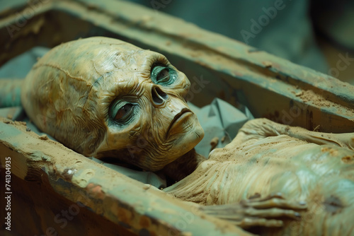 Movie game special effects alien mummy coffin, extraterrestrial civilization, alien 3d mummy close-up, film and television concept