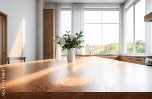 Empty wooden table top counter near a big window. Wood tabletop over defocused kitchen background. Trendy stylish desk space for product presentation  blur light modern cooking interior. Ai Generated