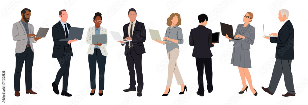Business people working at laptop. Different men and women wearing formal office outfit, suit dress, shirt, tie standing, walking with computer. Vector realistic illustration on transparent background
