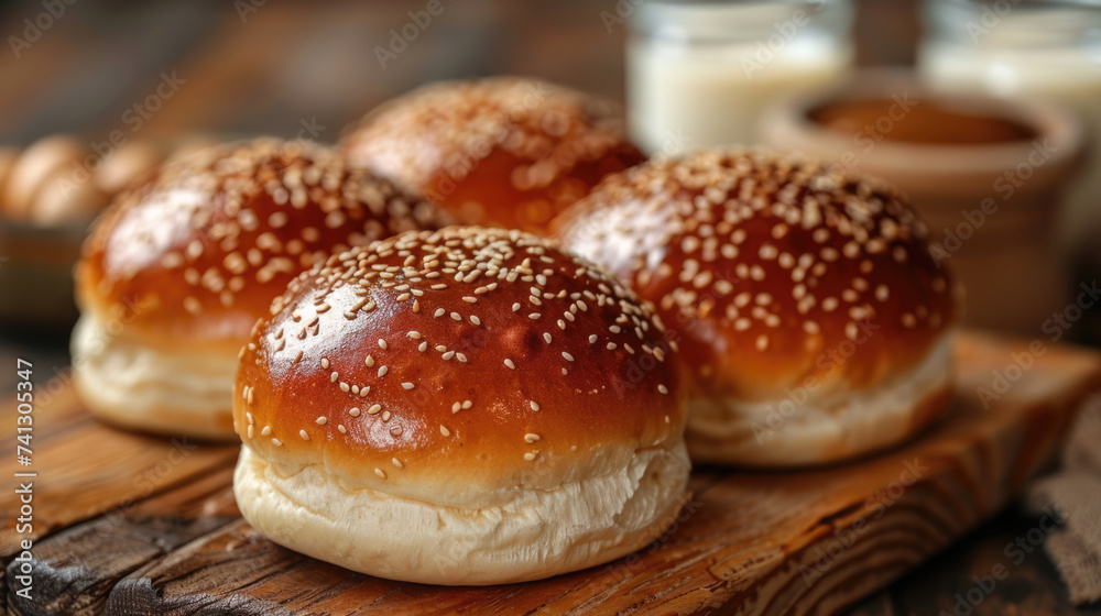 Fresh sesame buns for making burgers on wooden background.	