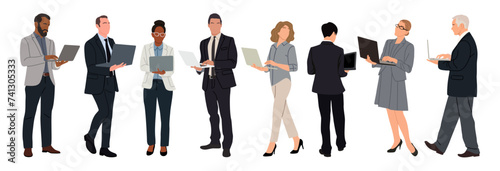 Business people working at laptop. Different men and women wearing formal office outfit, suit dress, shirt, tie standing, walking with computer. Vector realistic illustration on transparent background