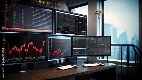 A series of computer screens displaying various stock market indices and real-time trading information against a sleek, minimalist backdrop.
