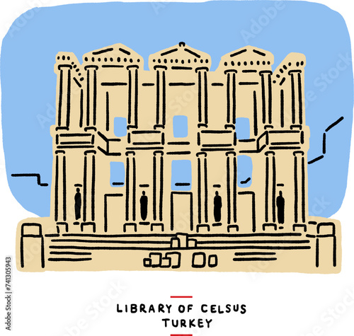 The Library of Celsus Ancient Roman building Historical landmark in Turkey Hand drawn Colour Illustration
