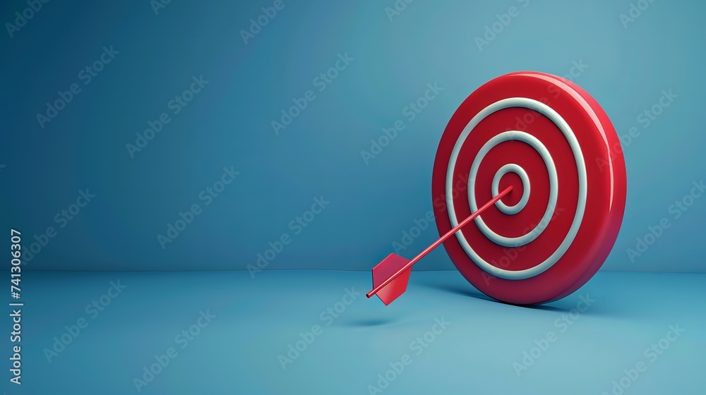 On a blue background, a creative drawing of a red, spherical target with a thin arrow represents the idea of carefully defining goals. On a blue background, a creative drawing of a red, spherical target with a thin arrow represents the idea of carefully defining goals.