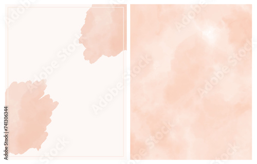 Trendy Watercolor Style Vector Layouts with Copy Space. Peach Fuzz Stains and White Frame on a Light Beige Background. Irregular Abstract Watercolor Painting-like, With a Visible Brush Mark. RGB.