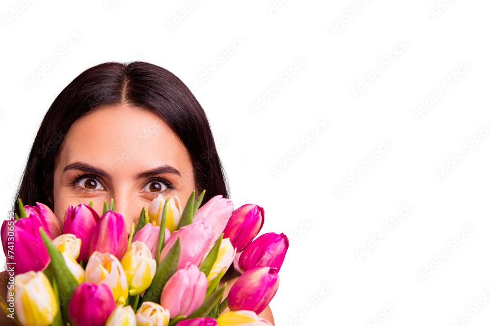 Close-up cropped portrait of her she nice cute attractive lovely winsome charming cheerful cheery brunette latin lady hiding behind colorful flowers florist advert isolated on pink pastel background Close-up cropped portrait of her she nice cute attractive lovely winsome charming cheerful cheery brunette latin lady hiding behind colorful flowers florist advert isolated on pink pastel background