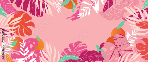 Summer tropical jungle pink background vector. Colorful botanical with exotic plant, flowers, palm leaves, fruit, grunge texture. Happy summertime illustration for poster, cover, banner, prints.