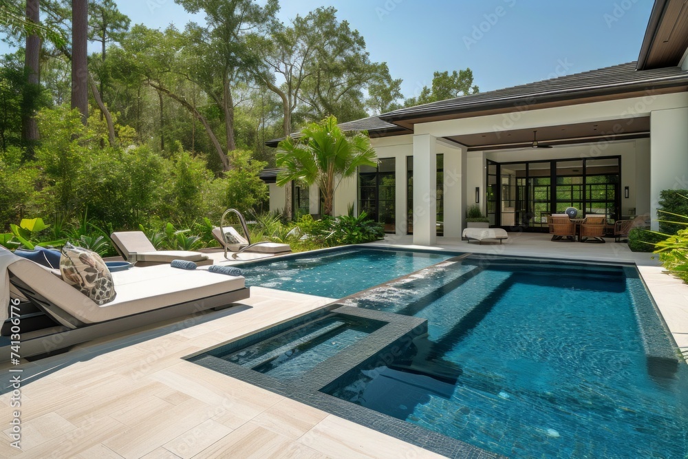 A sophisticated and modern swimming pool with a lounge chair located at a street-side.