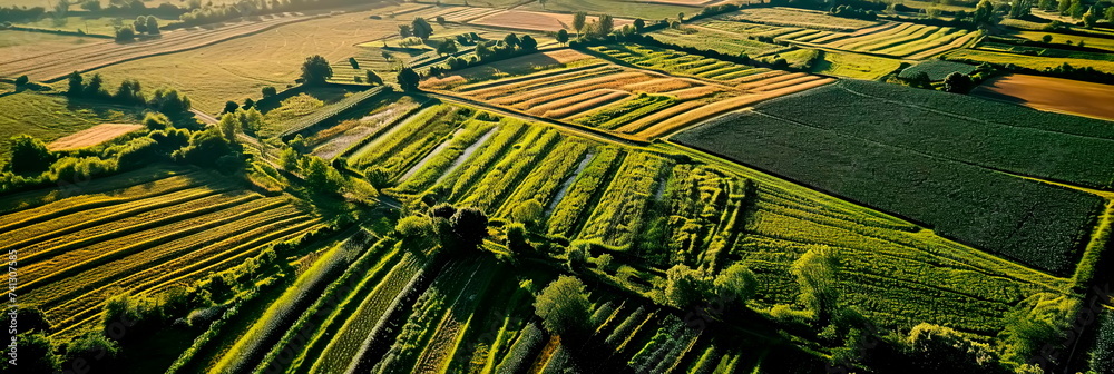 Fototapeta premium aerial view of vast fields with intricate crop patterns, illustrating the scale and precision of spring planting. Generative ai