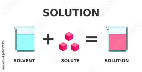 Solution formation. A solution is a homogeneous mixture of solute dissolved in a solvent. Solubility example. Lab beakers explain creation of solution. Chemistry education. Vector illustration.