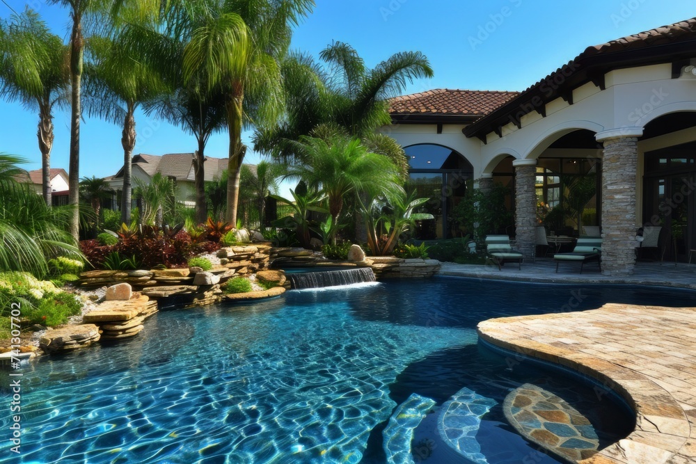 A sophisticated street-side home features a stylish swimming pool with a spacious layout, encompassed by beautiful palm trees.