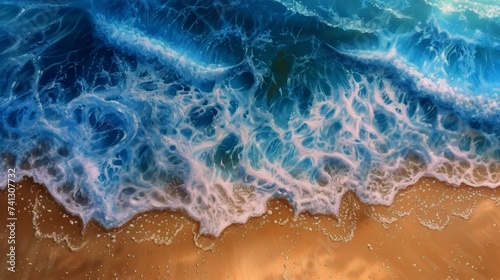 This aerial photo captures the mesmerizing sight of blue waves gently sweeping over a radiant beach.