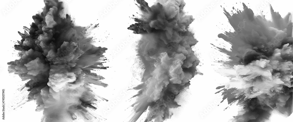 Black powder explosion with dark colors isolated white background. Abstract powder splatted on white background, Black vibrant paint black powder explosion with dark colors isolated white background.	 - obrazy, fototapety, plakaty 