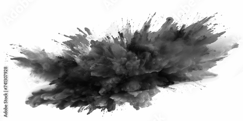 Black powder explosion with dark colors isolated white background. Abstract powder splatted on white background, Black vibrant paint black powder explosion with dark colors isolated white background.	 photo